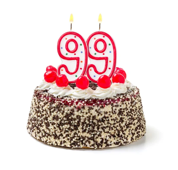 用一支燃烧的蜡烛的生日蛋糕 — 图库照片