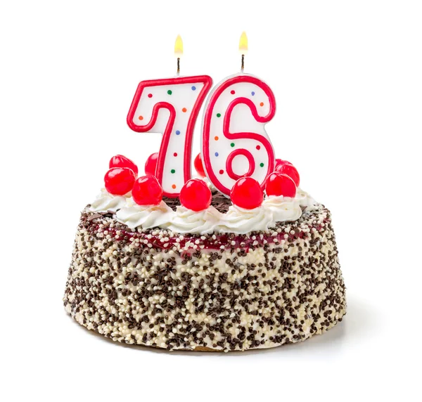 Торт на день народження з палаючою свічкою — стокове фото