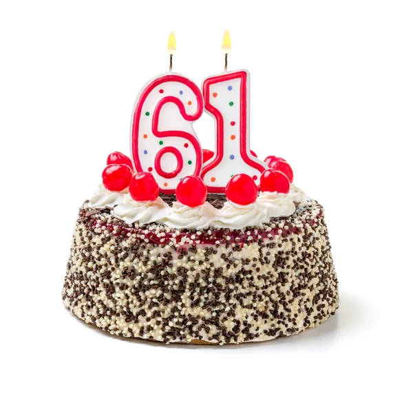 Birthday cake with a burning candle — Stock Photo, Image