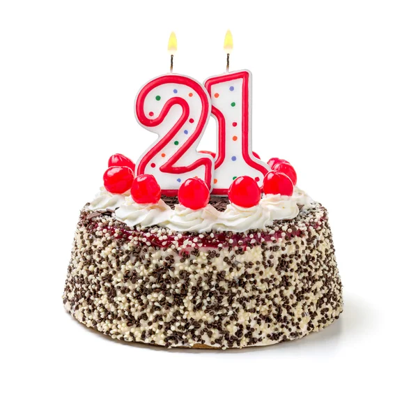 Birthday cake with a burning candle — Stock Photo, Image