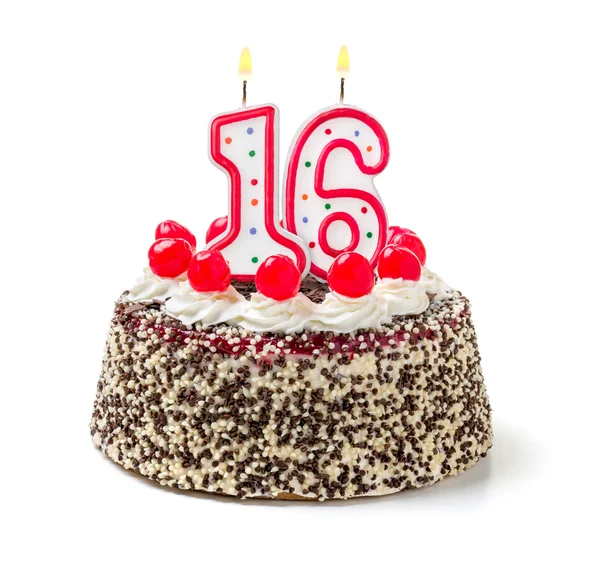 Torta di compleanno con una candela accesa — Foto Stock