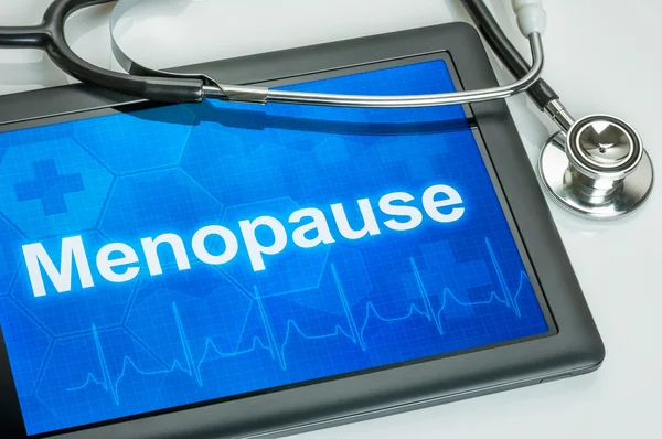 Tabletki z tekstem menopauzy na wyświetlaczu — Zdjęcie stockowe