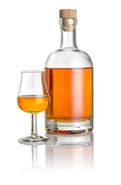 Bottle and snifter filled with amber liquid clipart