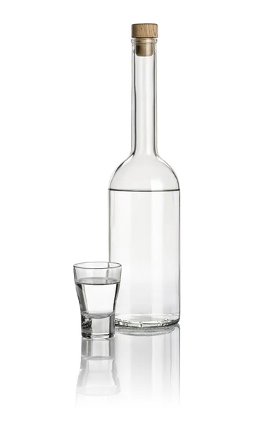 Liquor bottle and shot glass filled with clear liquid — Stock Photo, Image