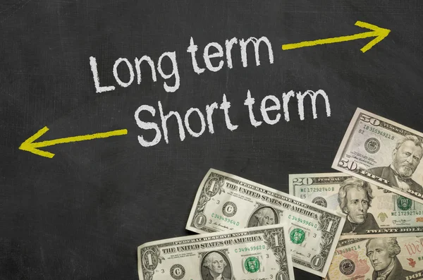 Text on blackboard with money - Long term and short term — Stock Photo, Image