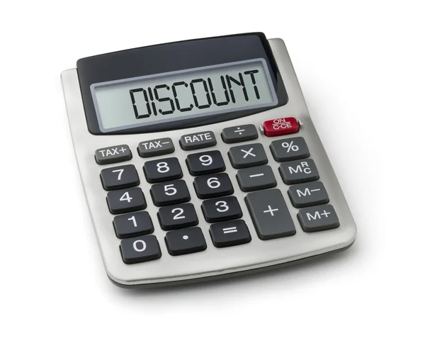 Calculator with the word discount on the display — Stock Photo, Image
