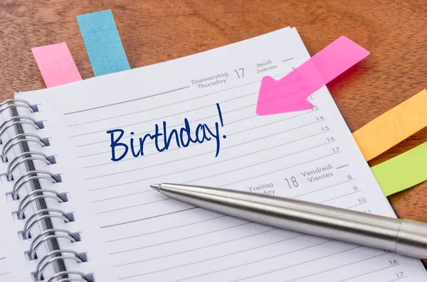 Daily planner with the entry Birthday — Stock Photo, Image