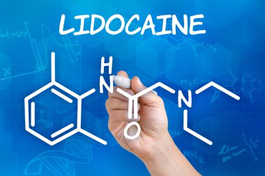 Hand with pen drawing the chemical formula of Lidocaine clipart