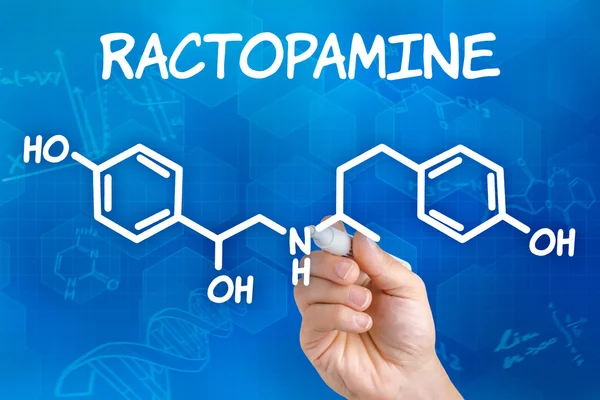 Hand with pen drawing the chemical formula of Ractopamine — Stock Photo, Image