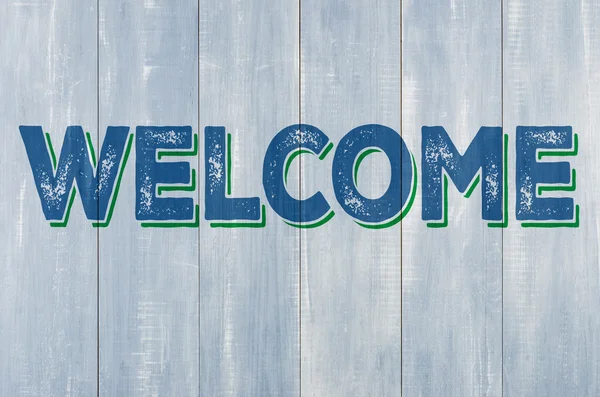 Pared de madera azul con la inscripción Welcome — Foto de Stock