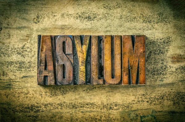 Antique letterpress wood type printing blocks - Asylum — Stock Photo, Image