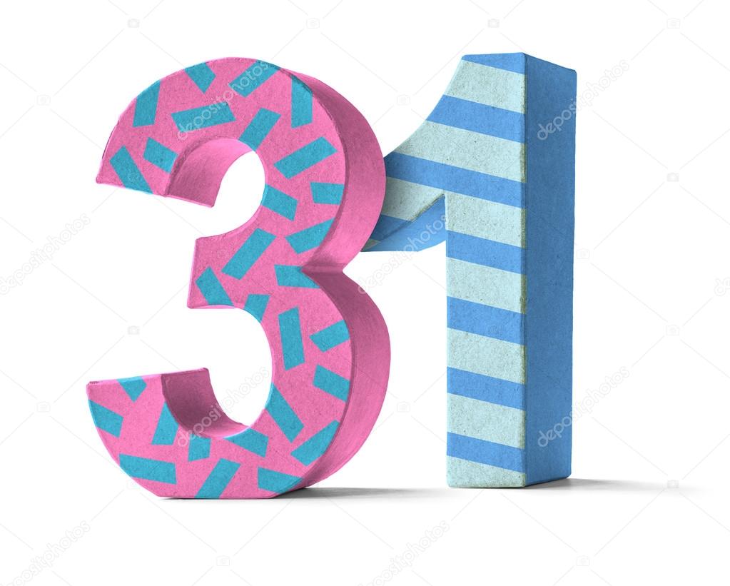 Colorful Paper Mache Number on a white background Number 31 Stock