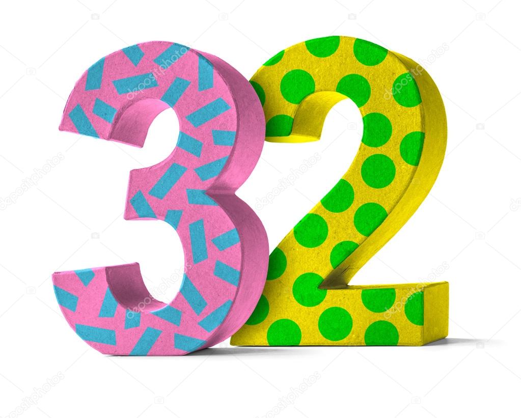 Colorful Paper Mache Number on a white background - Number 32