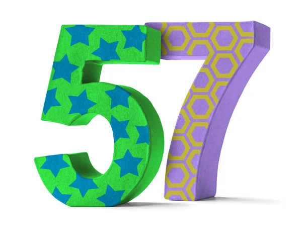 Papel colorido Mache Number em um fundo branco - Número 57 — Fotografia de Stock