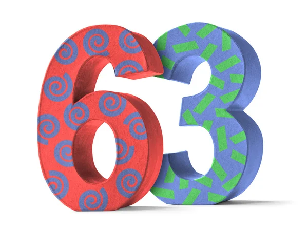 Kleurrijke Papier Mache nummer op een witte achtergrond - nummer 63 — Stockfoto