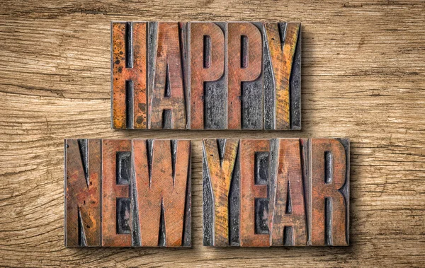 Antique letterpress wood type printing blocks - Happy New Year — Stock Photo, Image