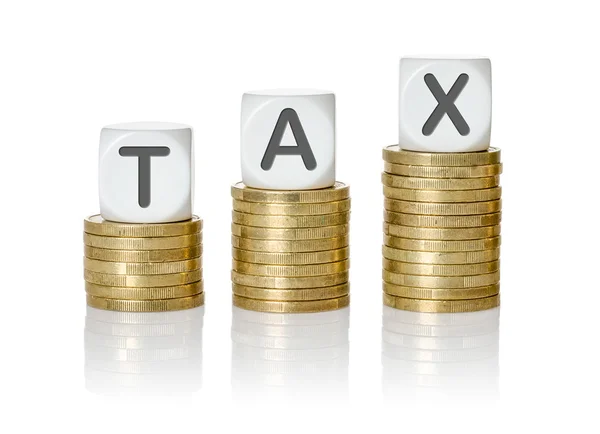 Coin stacks with letter dice - Tax — Stock Photo, Image