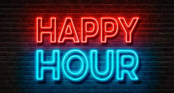 Neon işareti bir tuğla duvara - Happy Hour — Stok fotoğraf