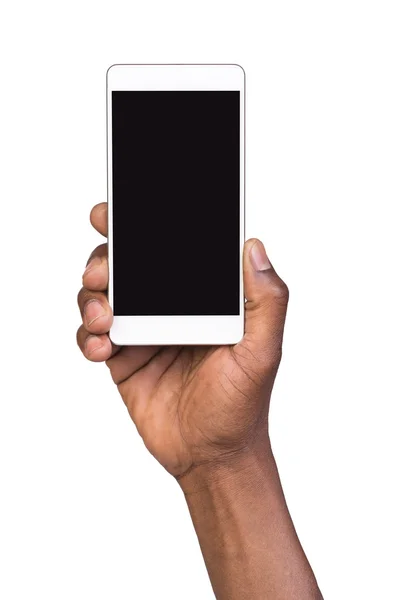 Hand holding mobile smart phone with blank screen. Isolated on white — Stock Photo, Image