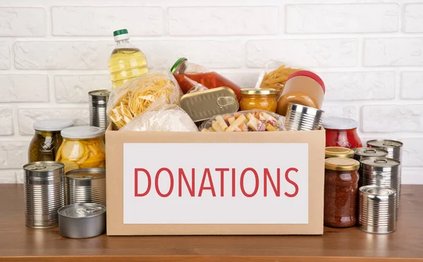 Food Donations Pasta Rice Oil Peanut Butter Canned Food Jam — Stock Photo, Image
