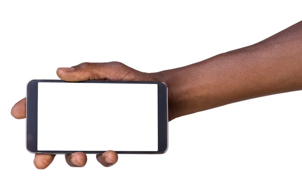 Mano celebración de teléfono inteligente móvil con pantalla en blanco — Foto de Stock