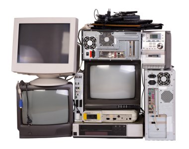 Eski, kullanılmış ve eski elektronik ekipman üzerinde beyaz izole