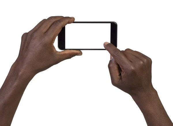 Um homem a tirar uma fotografia com um telemóvel inteligente. Isolado em branco — Fotografia de Stock