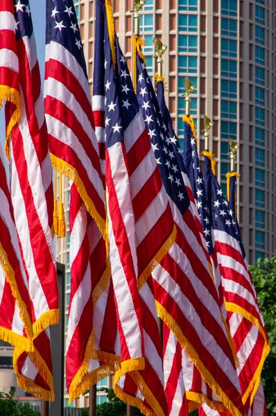 Row American Flag Outdoors Skyline Background — Stock Photo, Image