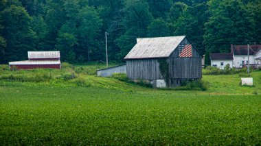 Indiana, ABD - 26 Ağustos 2018, eski uyarı gri ahır üzerinde Amerikan bayrağı ile sahada