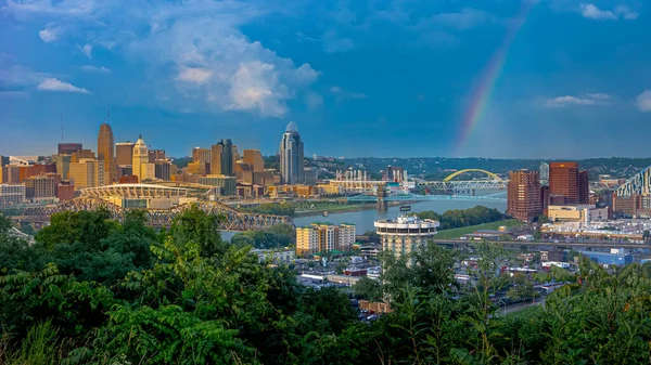 Cincinnati Aug 2018 Post Storm Sunlight Illuminates Downtown Create Rainbow Stock Picture