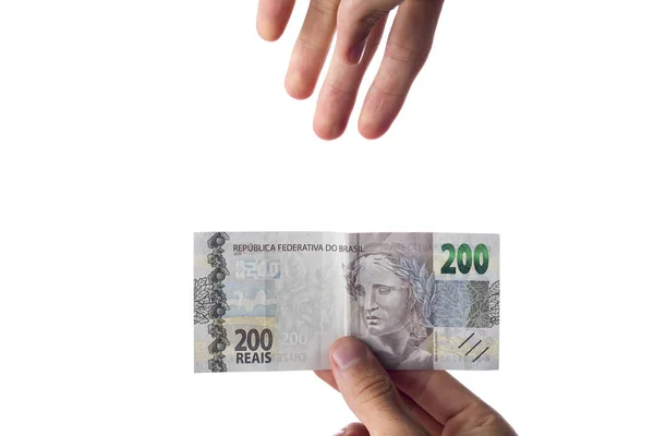 Man Som Håller 200 Reais Sedlar Isolerade Vitt Brasilianska Pengar — Stockfoto