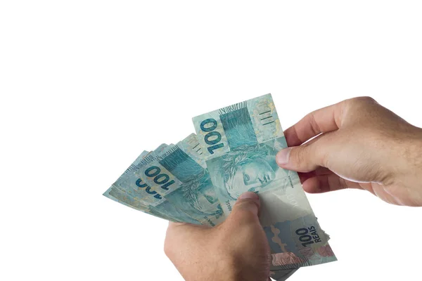 Man Håller Hundra Reais Räkningar Isolerade Vitt Brasilianska Pengar — Stockfoto