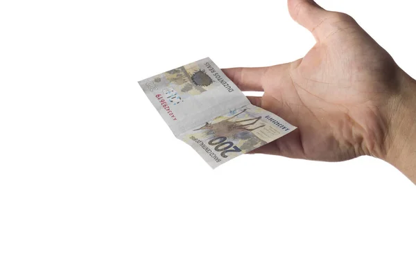 Muž Držící 200 Reais Bankovek Izolovaných Bílém Brazilské Peníze Platba — Stock fotografie
