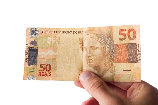 Braziliaans Geld Man Met Reais Biljetten Geïsoleerd Wit — Stockfoto