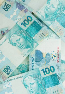 Yüz Reais banknotunun arka plan modeli. Brezilya parası..