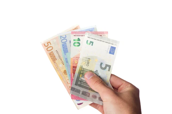 Man Holding Euro Bills White Background — Stock Photo, Image