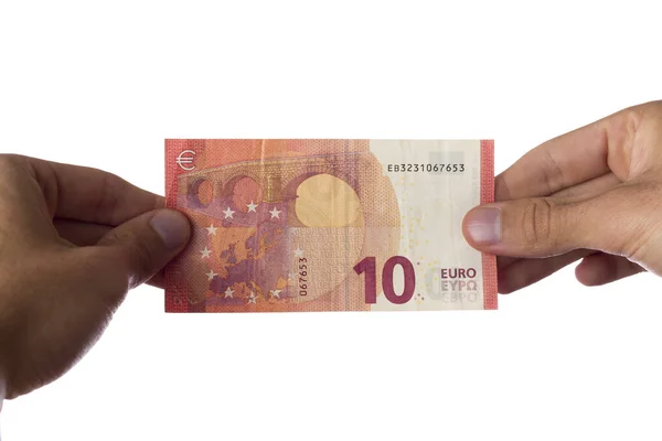 Man Som Håller Eurosedlar Vit Bakgrund — Stockfoto