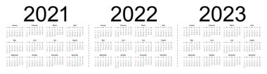2021 2022 2023 yılı için basit düzenlenebilir vektör takvimleri. Hafta pazar günü başlıyor. Beyaz arkaplanda izole vektör illüstrasyonu.
