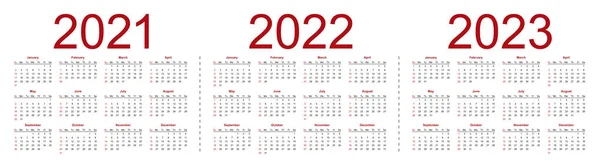 Enkla Redigerbara Vektorkalendrar För 2021 2022 2023 Veckan Börjar Söndag — Stock vektor