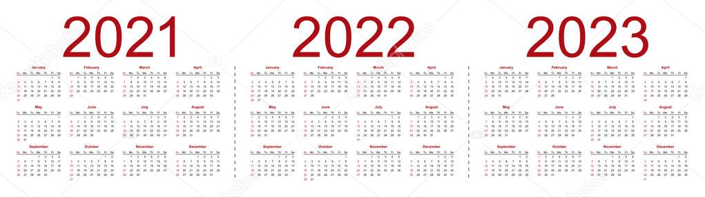 Simple Editable Vector Calendars Year 2021 2022 2023 Week Starts Stock Vector