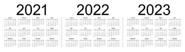 Eenvoudige Bewerkbare Vectorkalenders Voor Het Jaar 2021 2022 2023 Week — Stockvector