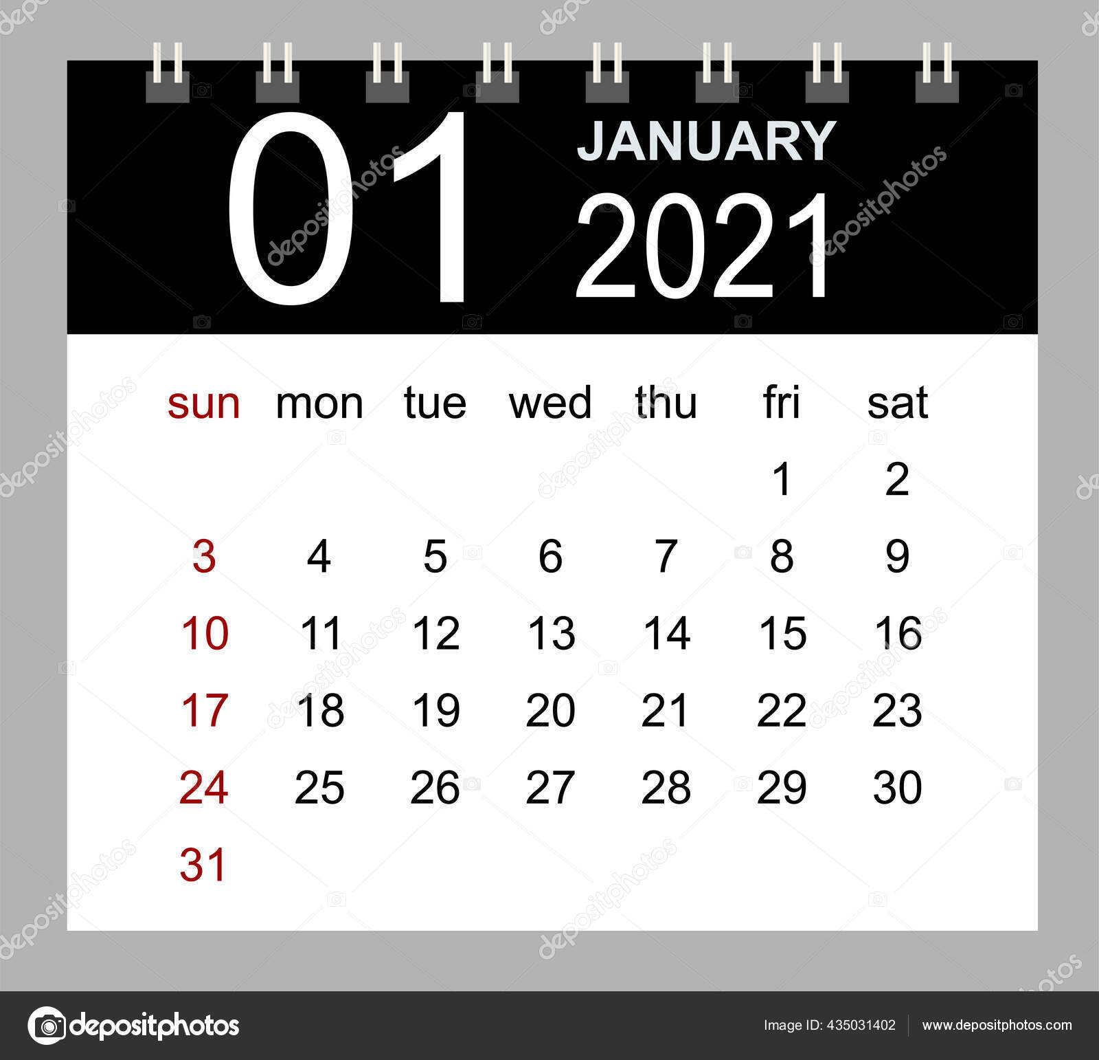 21年1月のカレンダーのテンプレート 週は日曜日から始まる 分離ベクトル図 ストックベクター C Olga Newname Yandex Ru