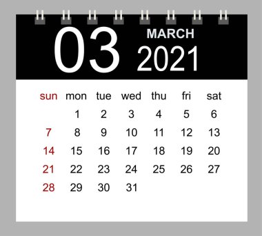 Mart 2021 takvim şablonu. Hafta pazar günü başlıyor. İzole vektör illüstrasyonu.