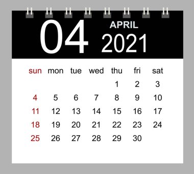 Nisan 2021 takvim şablonu. Hafta pazar günü başlıyor. İzole vektör illüstrasyonu.