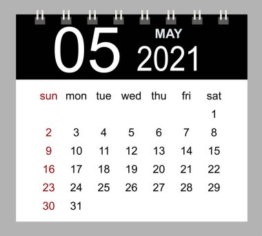 Mayıs 2021 takvim şablonu. Hafta pazar günü başlıyor. İzole vektör illüstrasyonu.