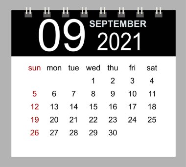 Eylül 2021 takvim şablonu. Hafta pazar günü başlıyor. İzole vektör illüstrasyonu.