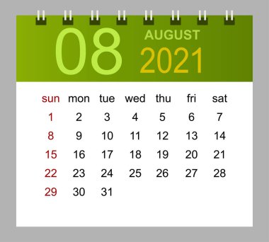 Ağustos 2021 takvim şablonu. Hafta pazar günü başlıyor. İzole vektör illüstrasyonu.