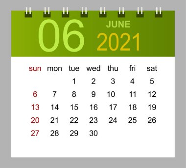 Haziran 2021 takvim şablonu. Hafta pazar günü başlıyor. İzole vektör illüstrasyonu.