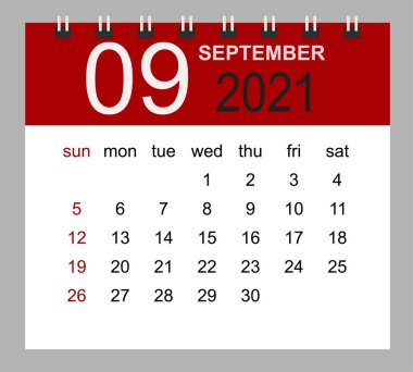 Eylül 2021 için basit masa takvimi. Hafta pazar günü başlıyor. İzole vektör illüstrasyonu.
