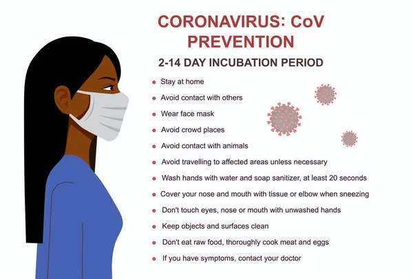 Coronavirus CoV önleme ipuçları, koronavirüsün nasıl önleneceği. Tıbbi maske takan siyah bir kadın. Koronavirüs karantinası kavramı. Duvar çıkartmaları. Beyaz arkaplanda izole vektör illüstrasyonu.